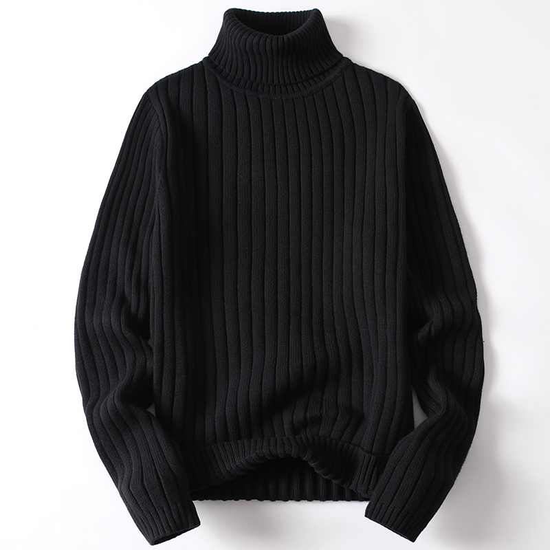 Schwarzer Rollkragenpullover, gerippt, aus Wolle, warm, modisch, Herrenbekleidung, Wintermode.