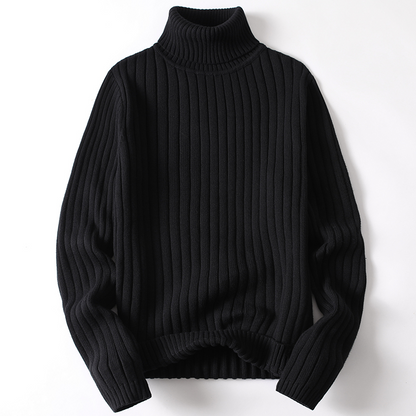 Schwarzer Rollkragenpullover, gerippt, aus Wolle, warm, modisch, Herrenbekleidung, Wintermode.
