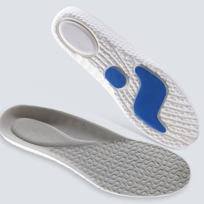 Orthopädische Einlegesohlen, weiß-blau, stoßdämpfend, für Komfort und Fußunterstützung.