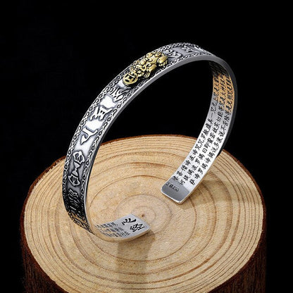 Silberarmreif mit goldenen Drachen, Gravur, verstellbar, Unisex-Schmuck, Geschenkidee.