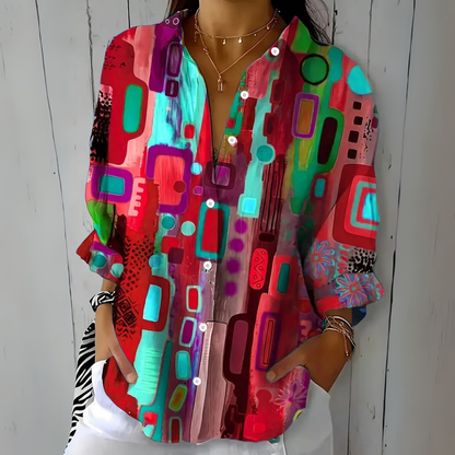 Women's Artistic Patterned Button-Up Blouse with Relaxed Fit 4