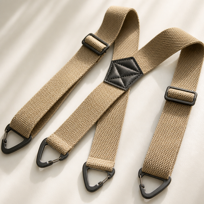 Beige X-Hosenträger mit schwarzem Kunstleder-Mittelstück und dreieckigen Karabiner-Clips, locker auf hellem Untergrund drapiert. 5