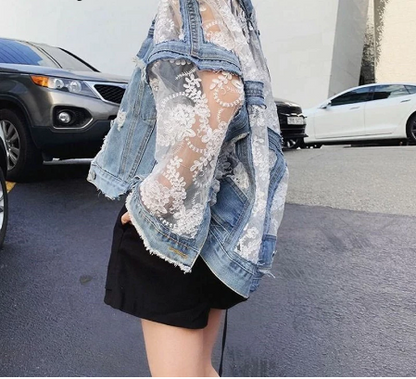 Damen-Jeansjacke mit Spitze, blau, transparent, modisch, lässig, Straßenmode, Sommerjacke