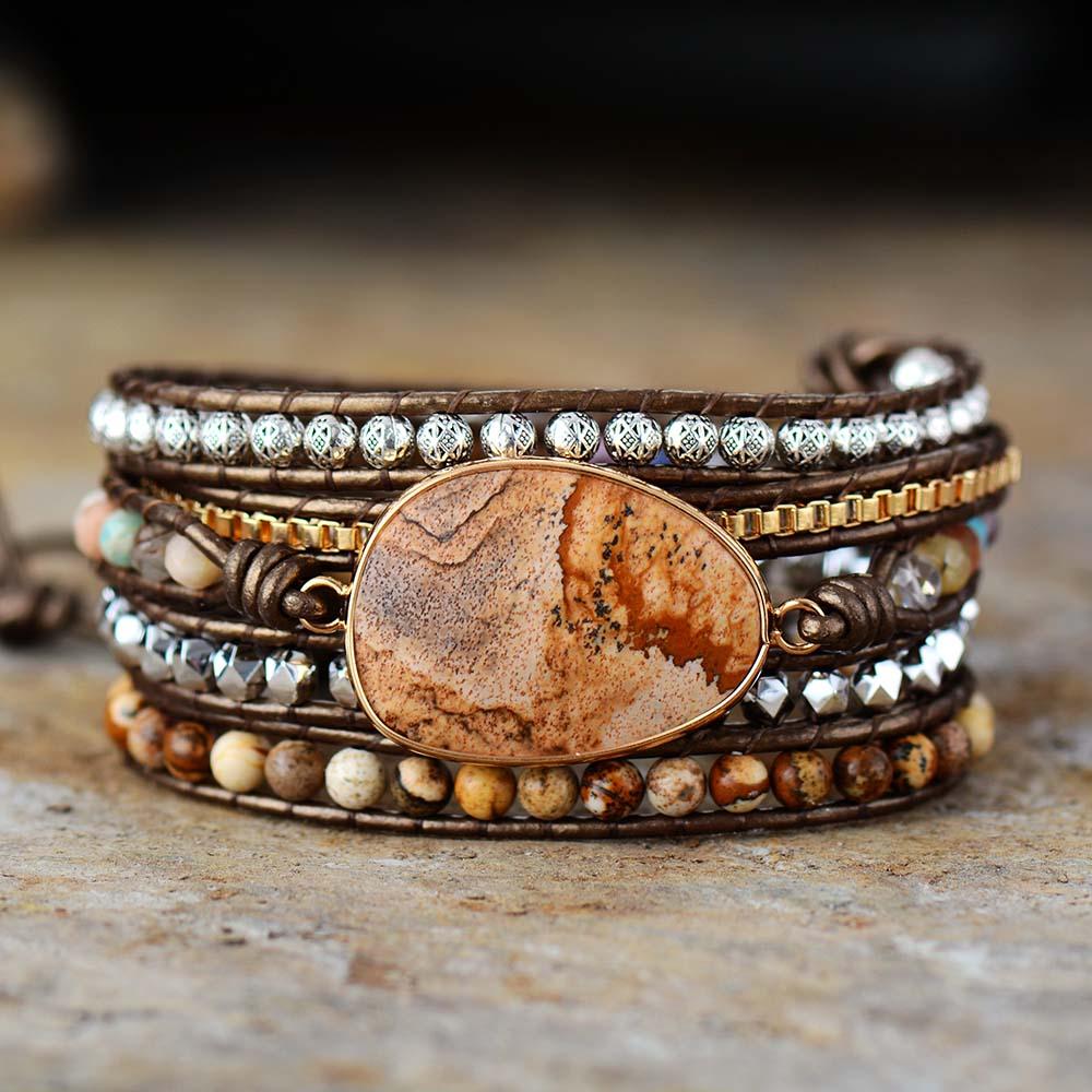 Boho-Armband mit Halbedelsteinen, 5-Strang-Leder, Perlen, Statement-Schmuck, Braun.