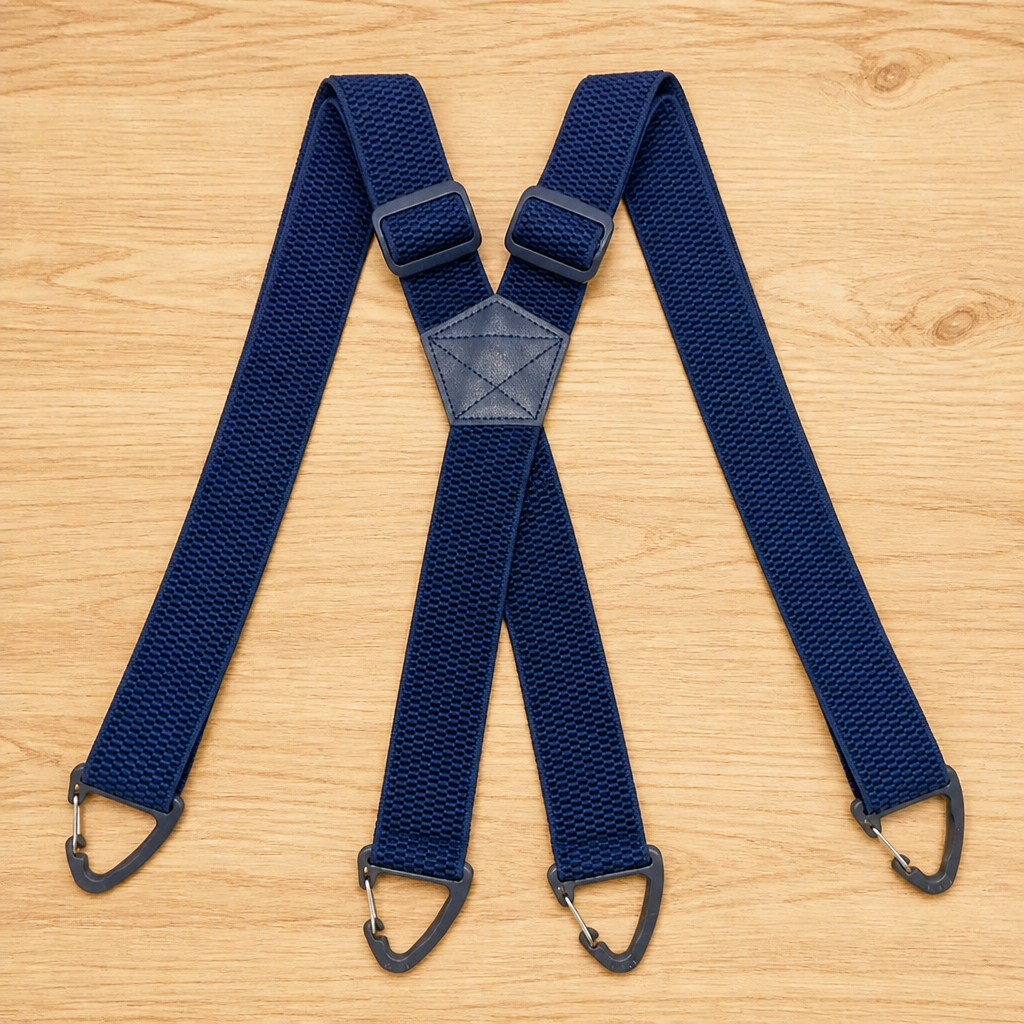 Marineblaue X-Hosenträger mit Schnallen oberhalb des Kreuzstücks und vier dreieckigen Clips, flach auf Holz. 12