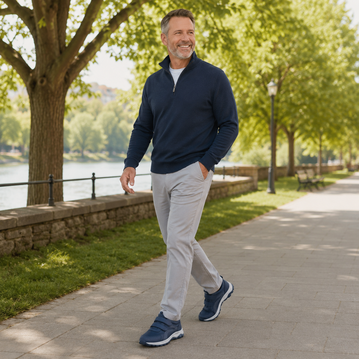 Lächelnder Mann in dunklem Pullover und hellgrauer Hose spaziert in blauen Klettschuhen am Fluss 18