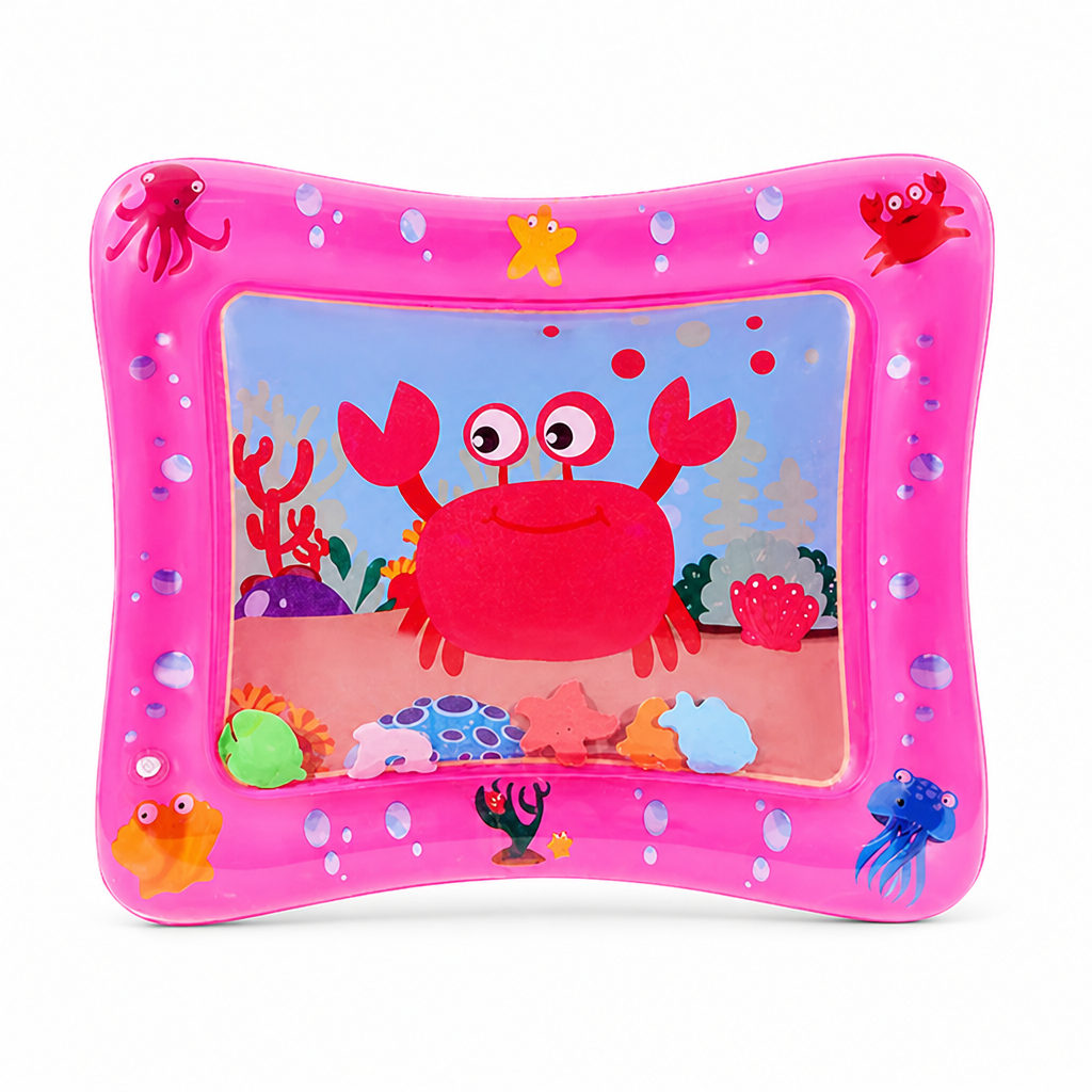 Rosa Wassermatte mit rechteckiger Mitte, einem großen roten Krebs und kleinen bunten Meerestierfiguren, Rand mit Oktopus, Krebs und Seestern. 9
