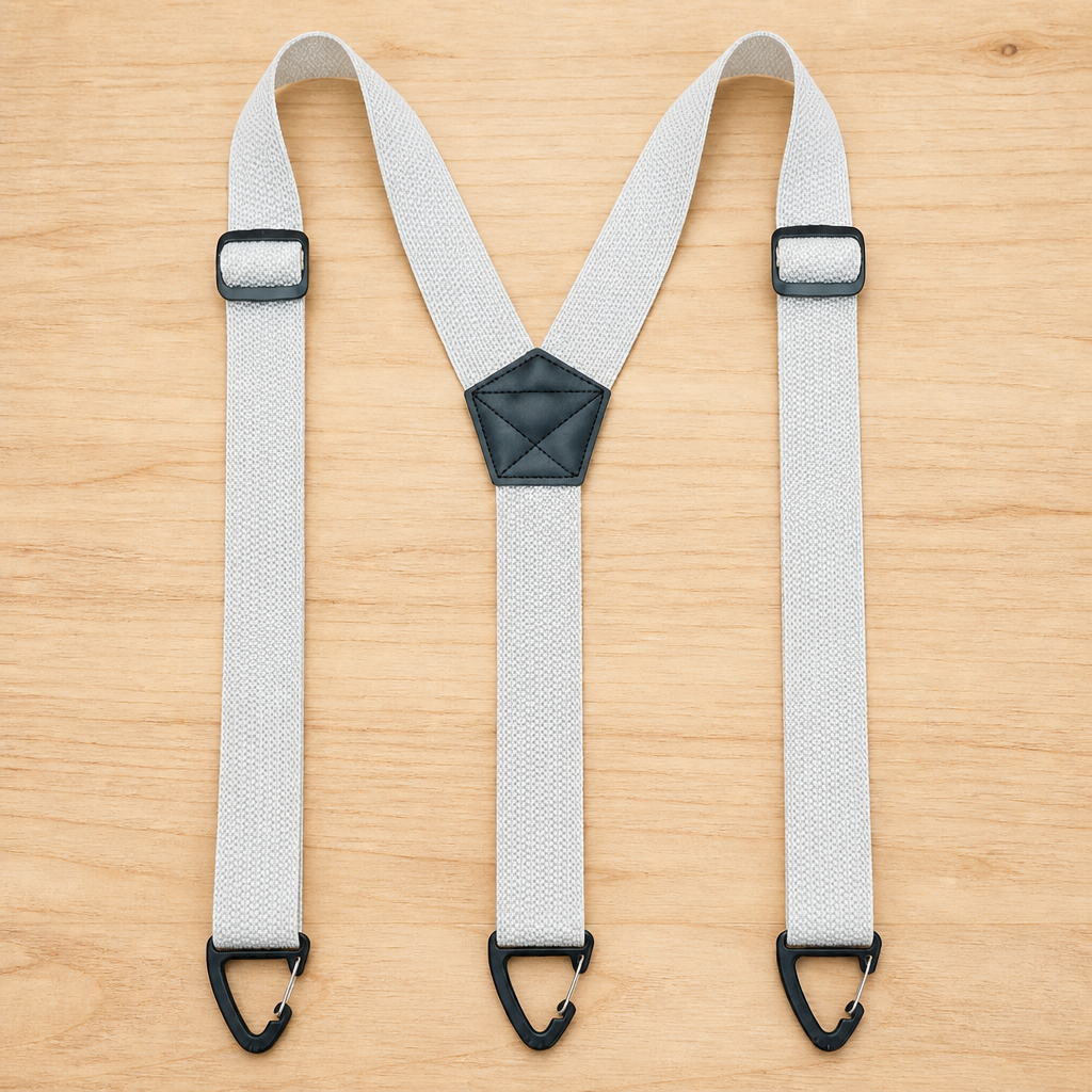 Hellgraue Y-Hosenträger mit schwarzem Mittelstück, Schiebeschnallen und dreieckigen Clips auf einem Holztisch. 9