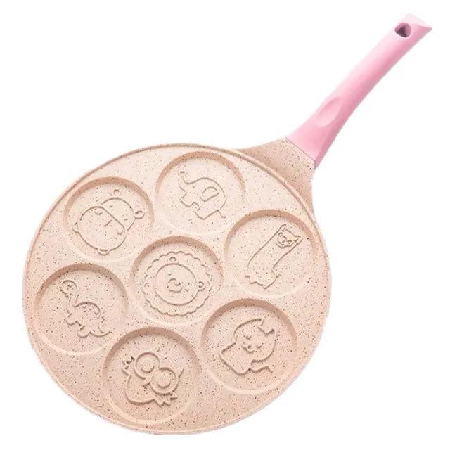 Rosa Pfannkuchenpfanne mit Tierformen, Antihaft, 7 Mulden, Kinderfrühstück, BPA-frei.