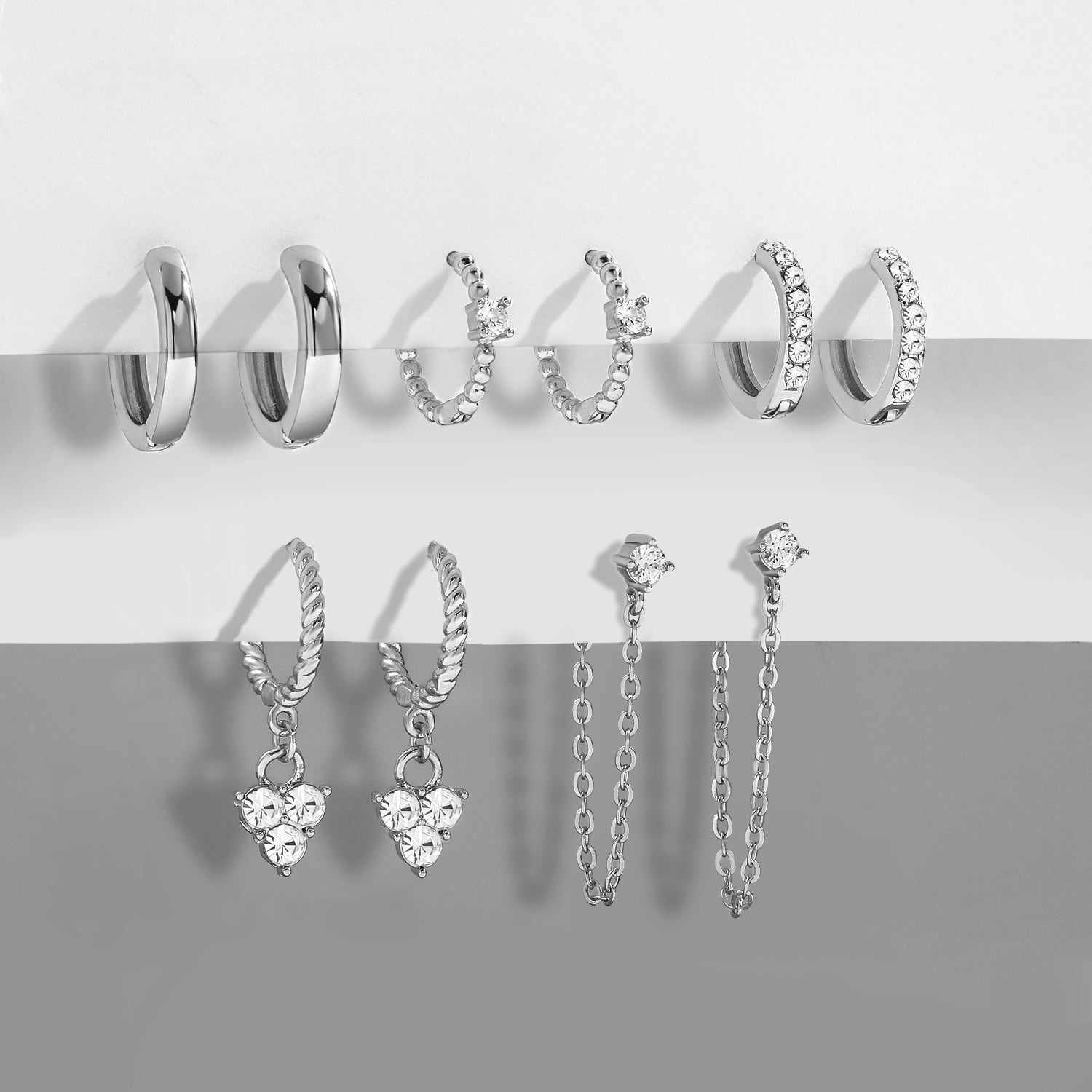 5-teiliges Set Retro Herz Anhänger Ohrringe, Zirkonia, silber, Damen, modisch, Huggie-Design.