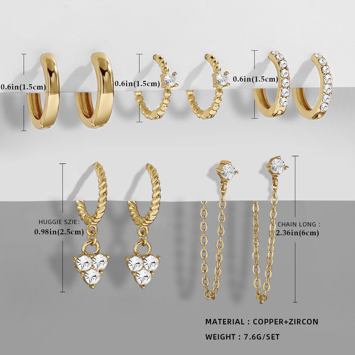 5-teiliges Set Retro Herz Anhänger Ohrringe, vergoldet, Zirkonia, für Damen, modisch.