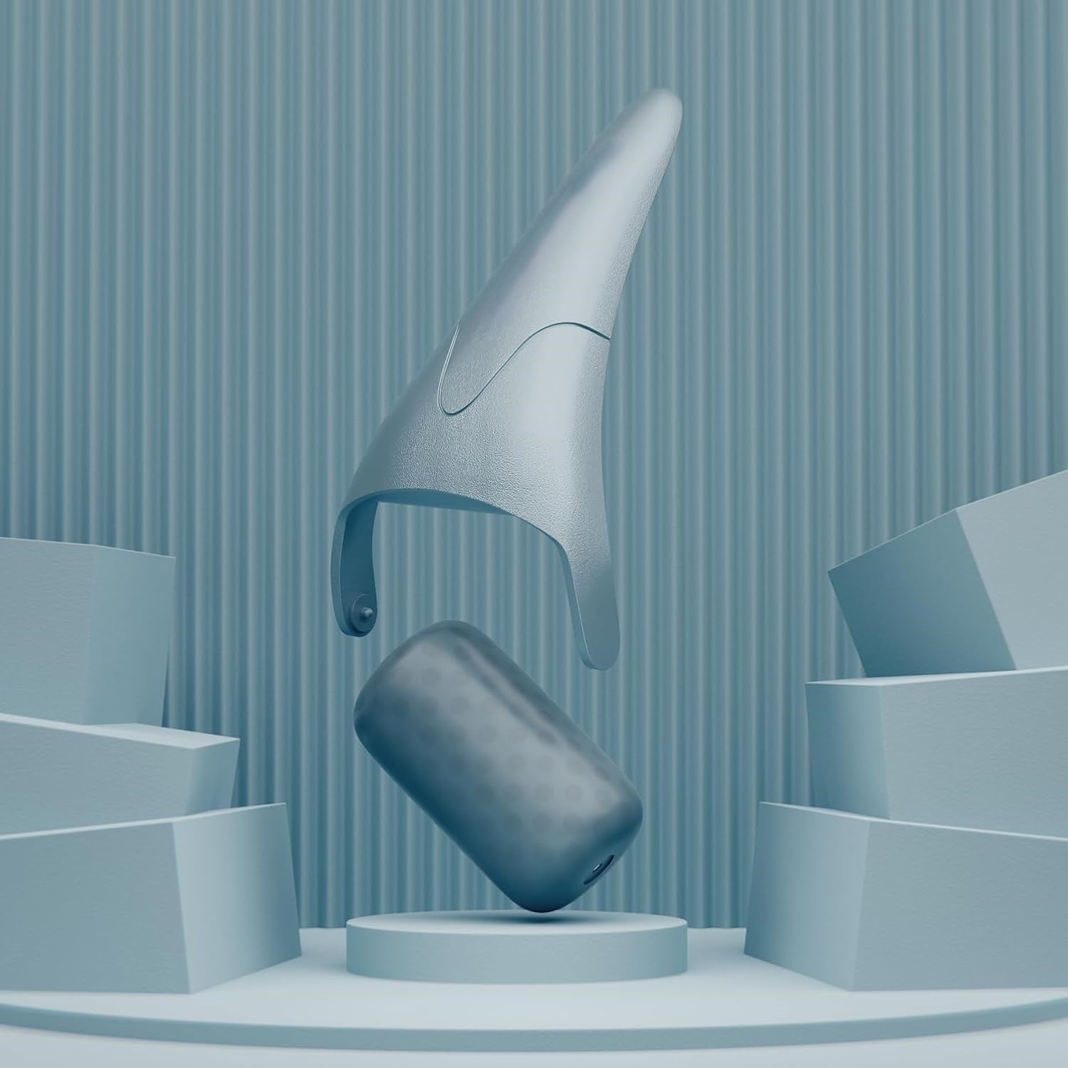 Futuristisches graues Designobjekt, schwebend, vor blauem Hintergrund, modernes Interieur.