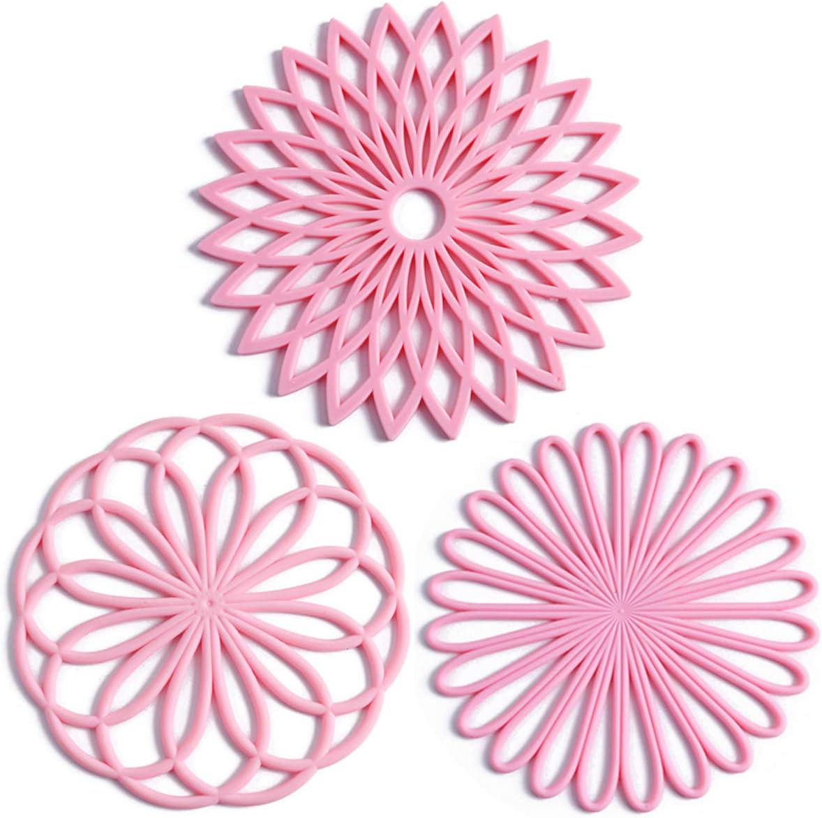Drei rosa Silikon-Untersetzer, blumenförmig, hitzebeständig, rutschfest, Küchendekor.