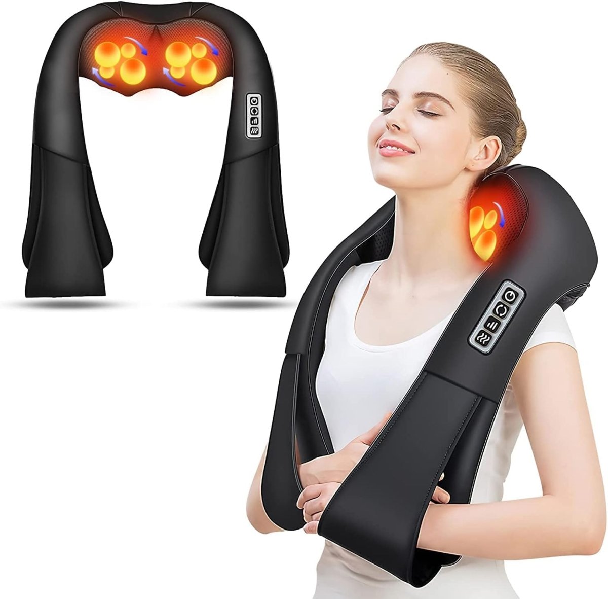 Schwarzes Shiatsu-Nackenmassagegerät mit Wärmefunktion, ideal zur Muskelentspannung.