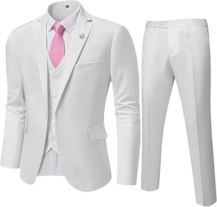 Weißer Herrenanzug mit Weste und rosa Krawatte, elegantes Design, formelle Kleidung.