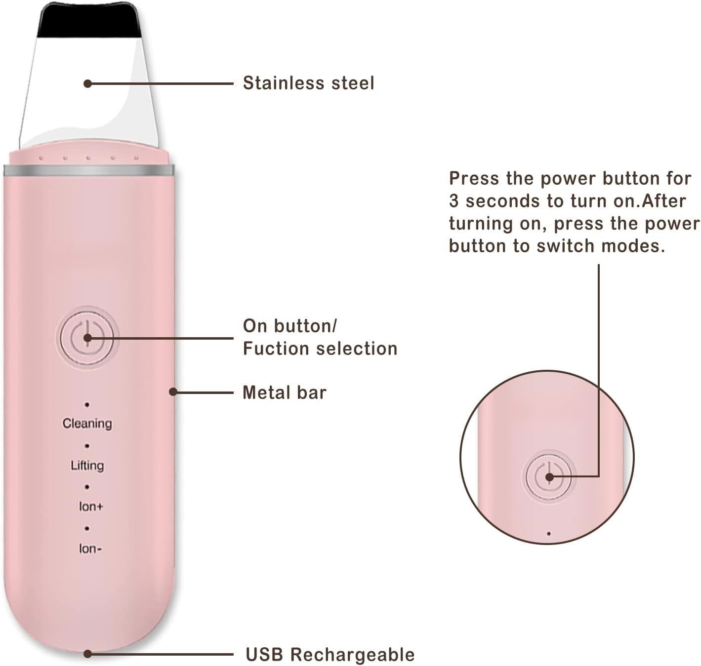 Rosa Ultraschall-Gesichtsreiniger, Edelstahl, USB-aufladbar, Hautpflegegerät.