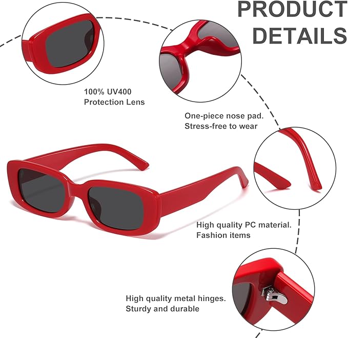 Rote rechteckige Sonnenbrille, UV400-Schutz, PC-Material, modisch, langlebige Metallscharniere.