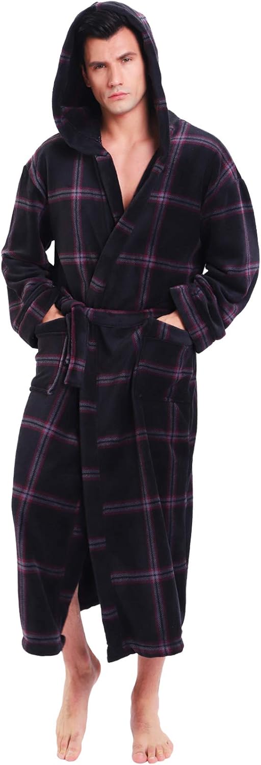 Schwarzer Herren-Bademantel mit Kapuze, kariert, Fleece, gemütlich, warm, Morgenmantel.