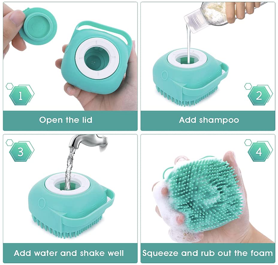 Türkisfarbene Silikon-Hundebürste mit Shampoo-Behälter, ideal zur Fellpflege und Reinigung.