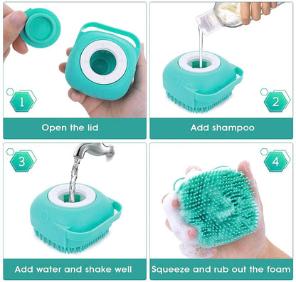 Türkisfarbene Silikon-Hundebürste mit Shampoo-Behälter, ideal zur Fellpflege und Reinigung.