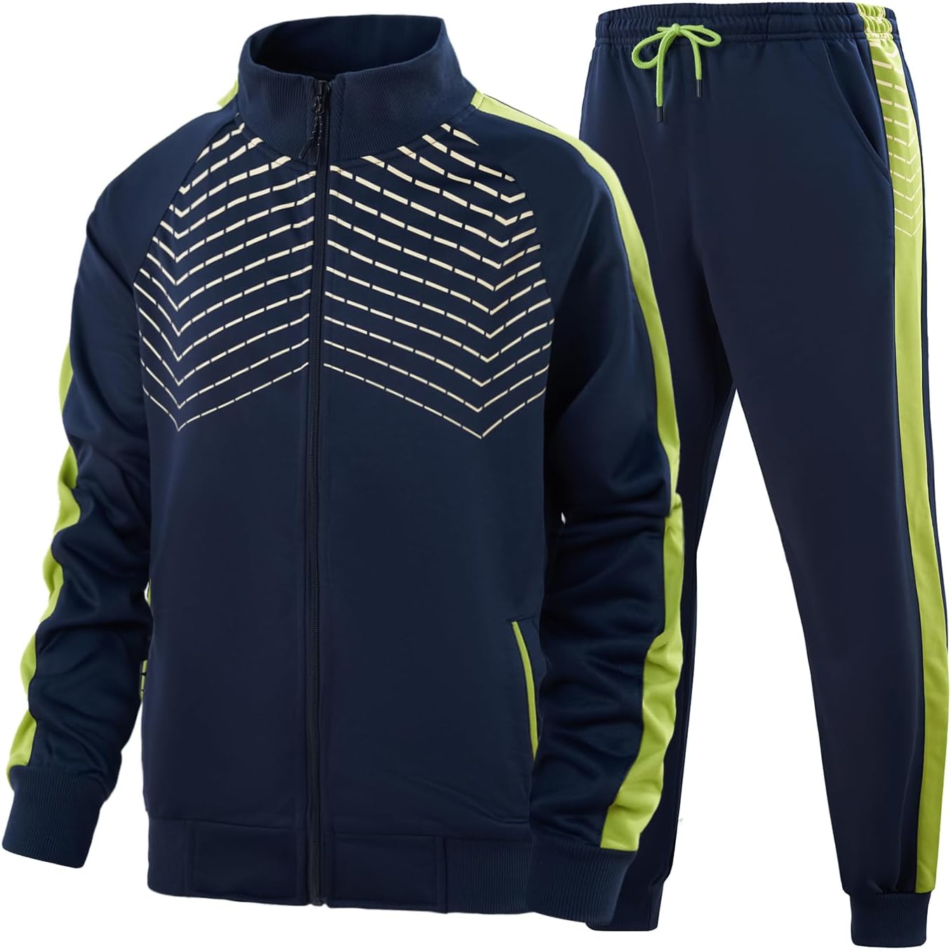 Dunkelblauer Trainingsanzug mit gelben Streifen, Reißverschlussjacke und Hose, Sportbekleidung.