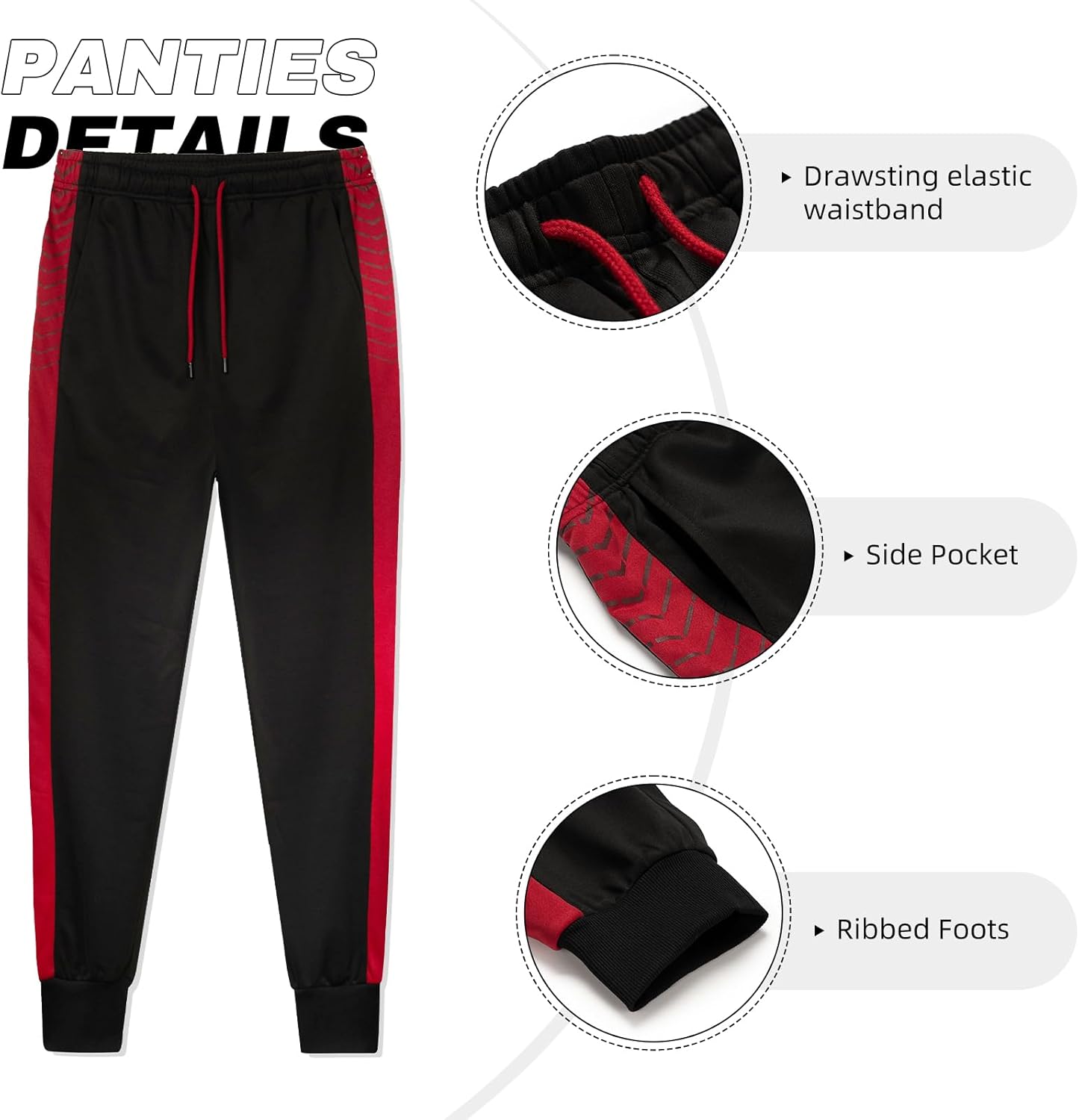 Schwarze Jogginghose mit roten Streifen, elastischem Bund, Seitentasche, gerippten Bündchen.