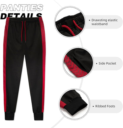 Schwarze Jogginghose mit roten Streifen, elastischem Bund, Seitentasche, gerippten Bündchen.