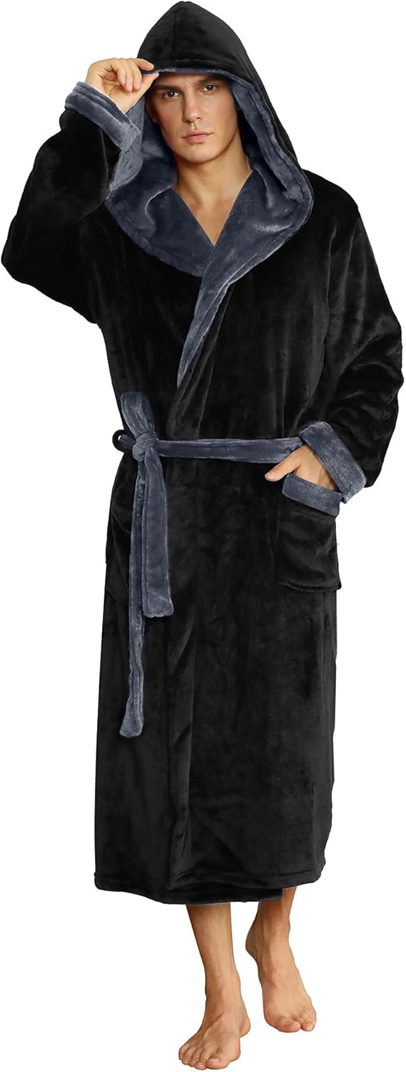 Schwarzer Herren-Bademantel mit Kapuze, Fleece, warm, gemütlich, ideal für Zuhause.
