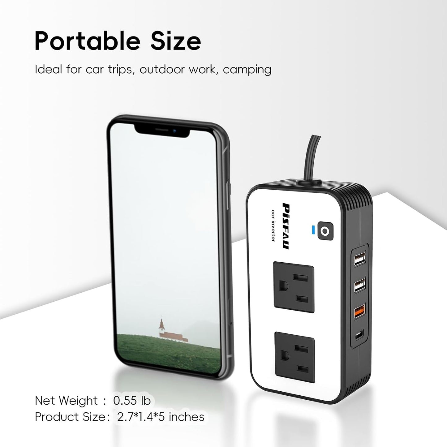 Tragbare Steckdosenleiste mit USB-Anschlüssen, ideal für Reisen, Camping, Outdoor-Aktivitäten.