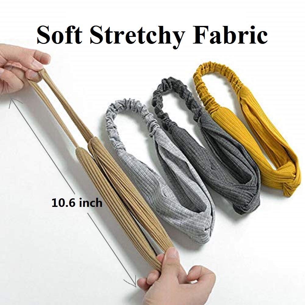 Vier elastische Stirnbänder, beige, grau, schwarz, gelb, weiches Material, 10,6 Zoll.