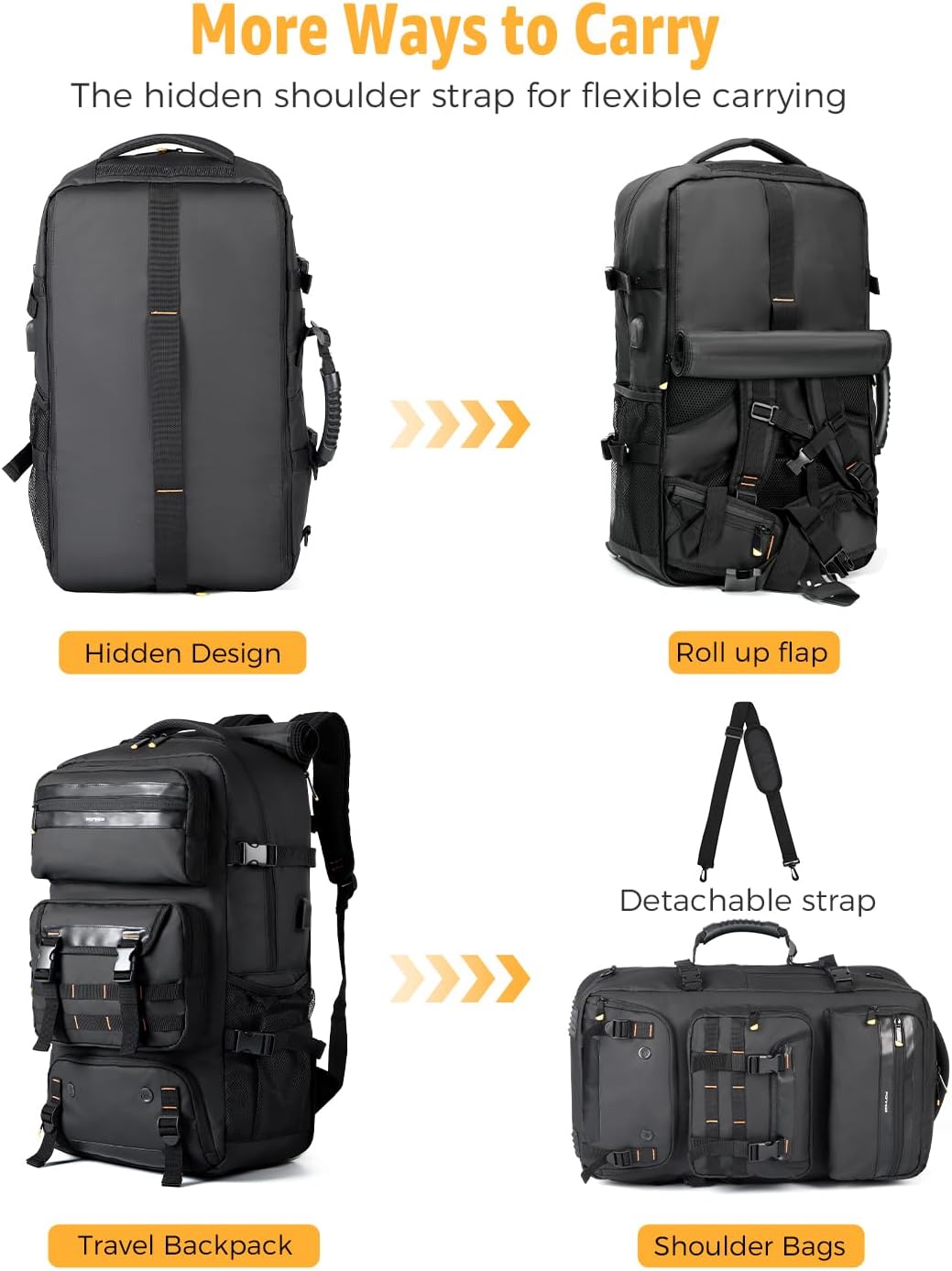 50L Flugbereiter Konvertierbarer Reiserucksack mit Schuhfach & USB-Anschluss