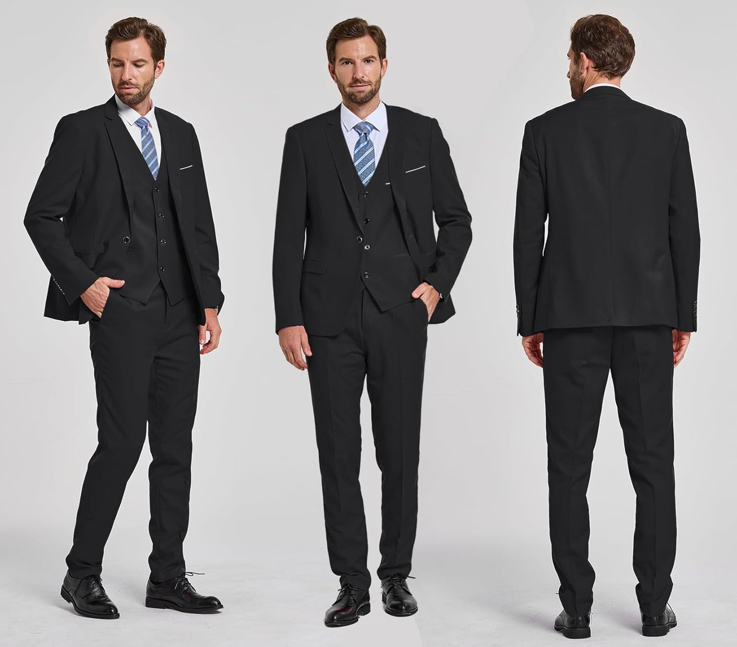 Mann im eleganten schwarzen Anzug mit Krawatte, Vorder- und Rückansicht, Businessmode.