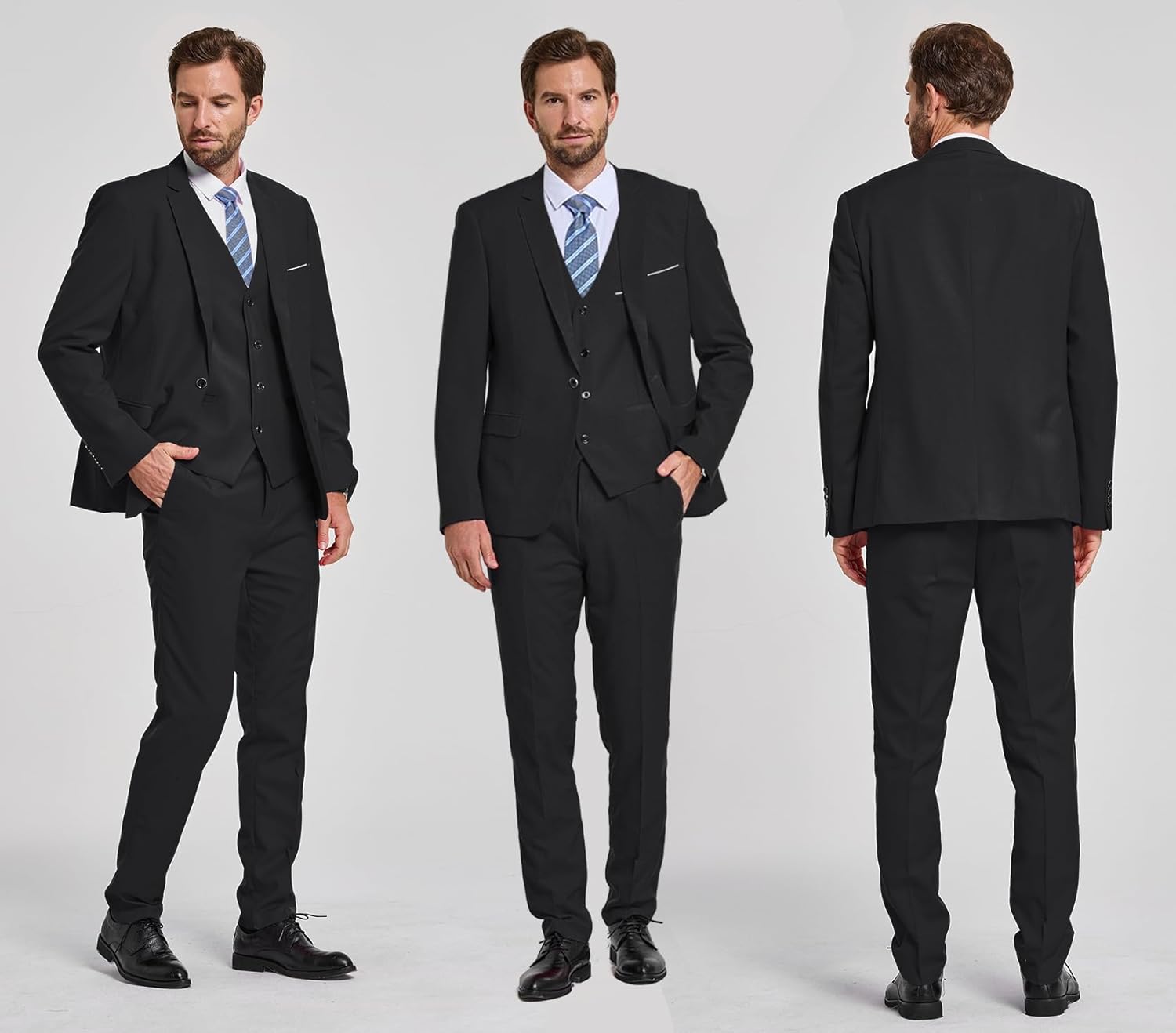 Mann im eleganten schwarzen Anzug mit Krawatte, Vorder- und Rückansicht, Businessmode.