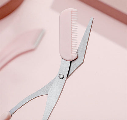 Rosa Augenbrauenschere mit Kamm, Edelstahl, präzises Trimmen, Kosmetikwerkzeug.
