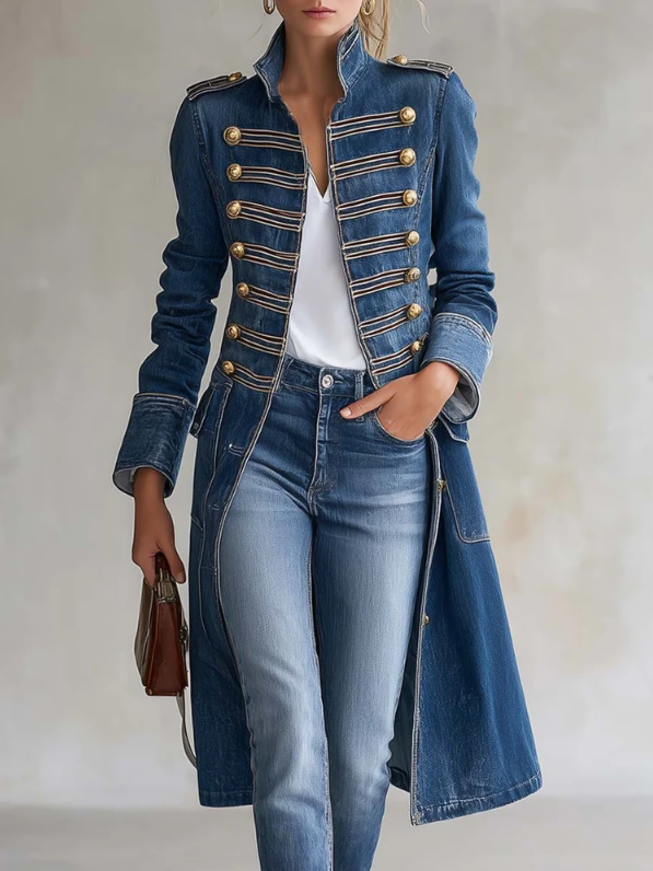 Nahaufnahme des Oberkörpers: blauer Jeansmantel mit goldfarbenen Knöpfen und Zierlitzen, getragen zu Jeans, weißem Shirt und brauner Handtasche. 1