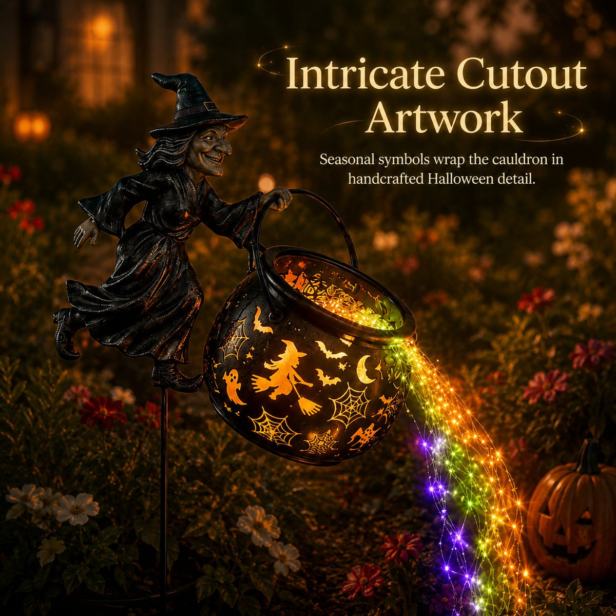Halloween Witch Cauldron Garden Light with Colorful Glow and Spooky Projections 6