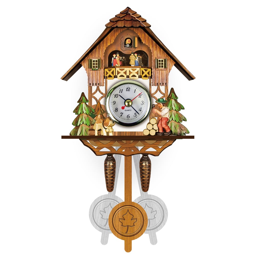 Wanduhr im Kuckucksuhr-Stil mit Holzfäller neben Baumstämmen, Hund, Tannen, kleinen Tanzfiguren auf dem Balkon und Ahornblatt-Pendel. 3