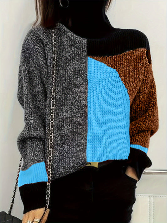 Damenpullover, mehrfarbig, Strick, Patchwork-Design, modisch, Herbstmode, langärmelig.