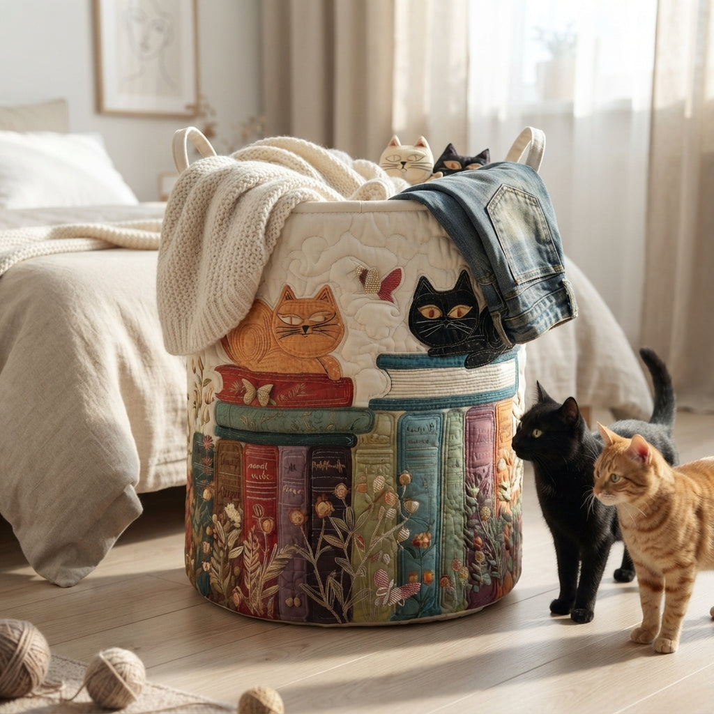 Korb im Schlafzimmer mit Strickdecke und Jeans am Rand, davor eine schwarze und eine rotgetigerte Katze. 5
