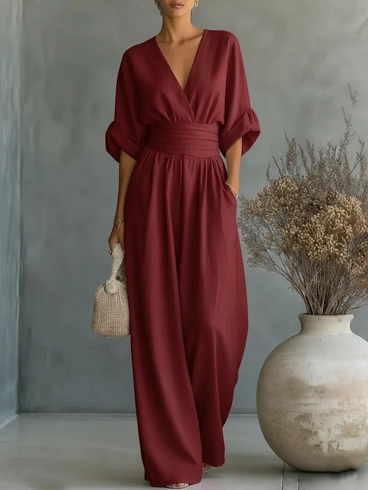 Women's Elegant V-Neck Jumpsuit with High-Waist Wide-Leg Pants 4