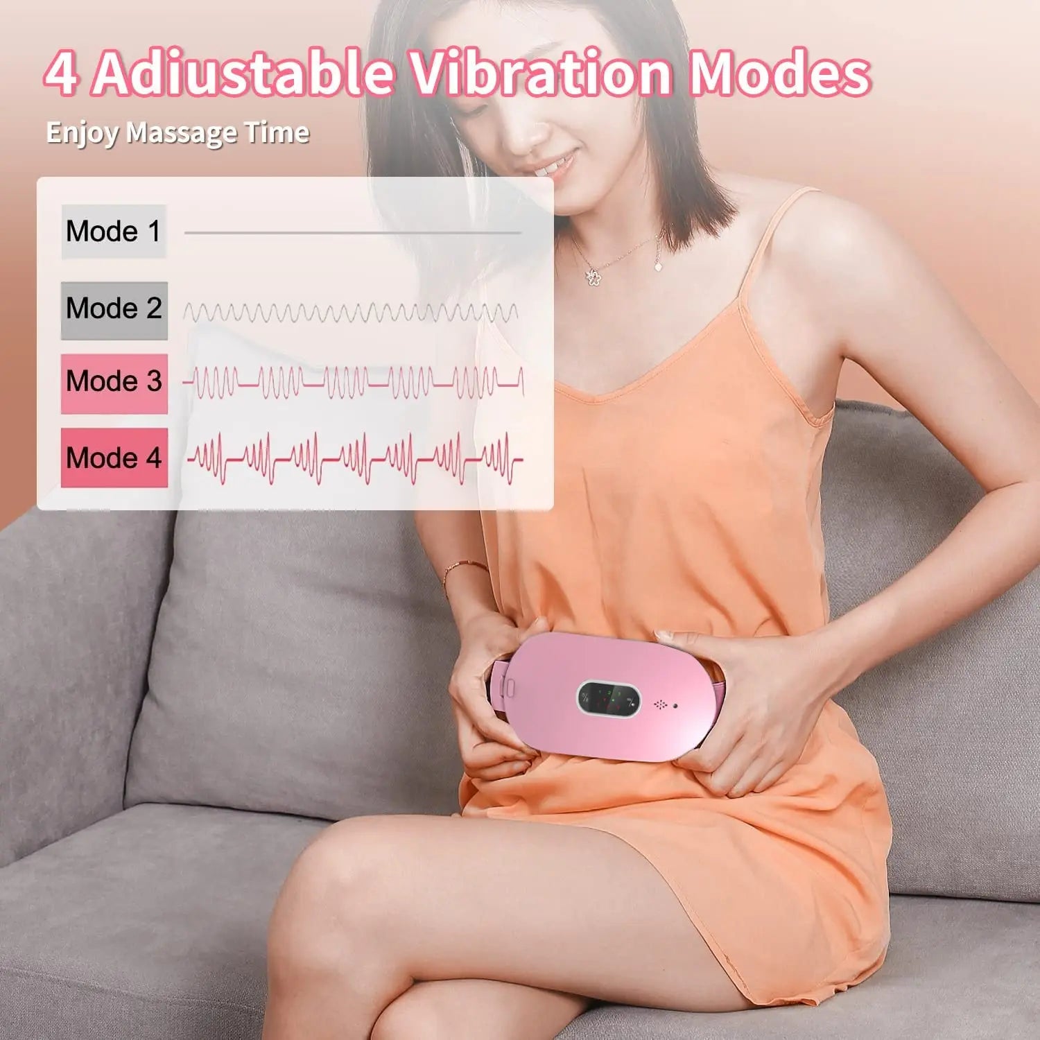 Frau mit rosa Massagegerät, vier Vibrationsmodi, Entspannung, Wellness, orange Kleid.