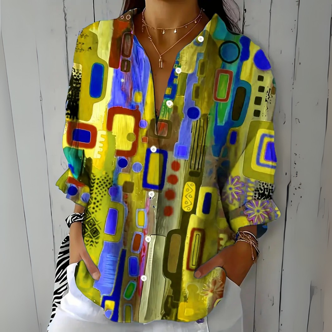 Women's Artistic Patterned Button-Up Blouse with Relaxed Fit 5