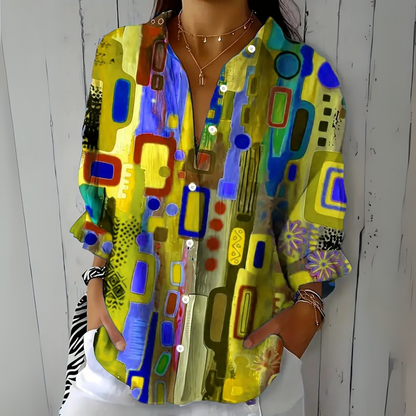 Women's Artistic Patterned Button-Up Blouse with Relaxed Fit 5