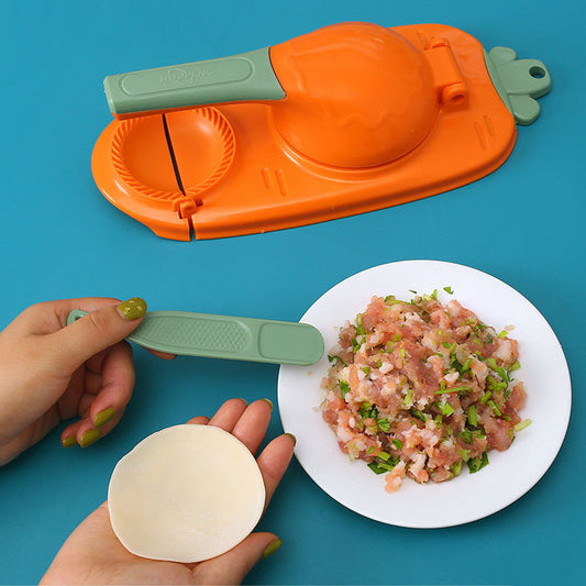 Teigtaschenformer Set, orange-grün, mit Füllung und Teig, Küchenzubehör für Dumplings.