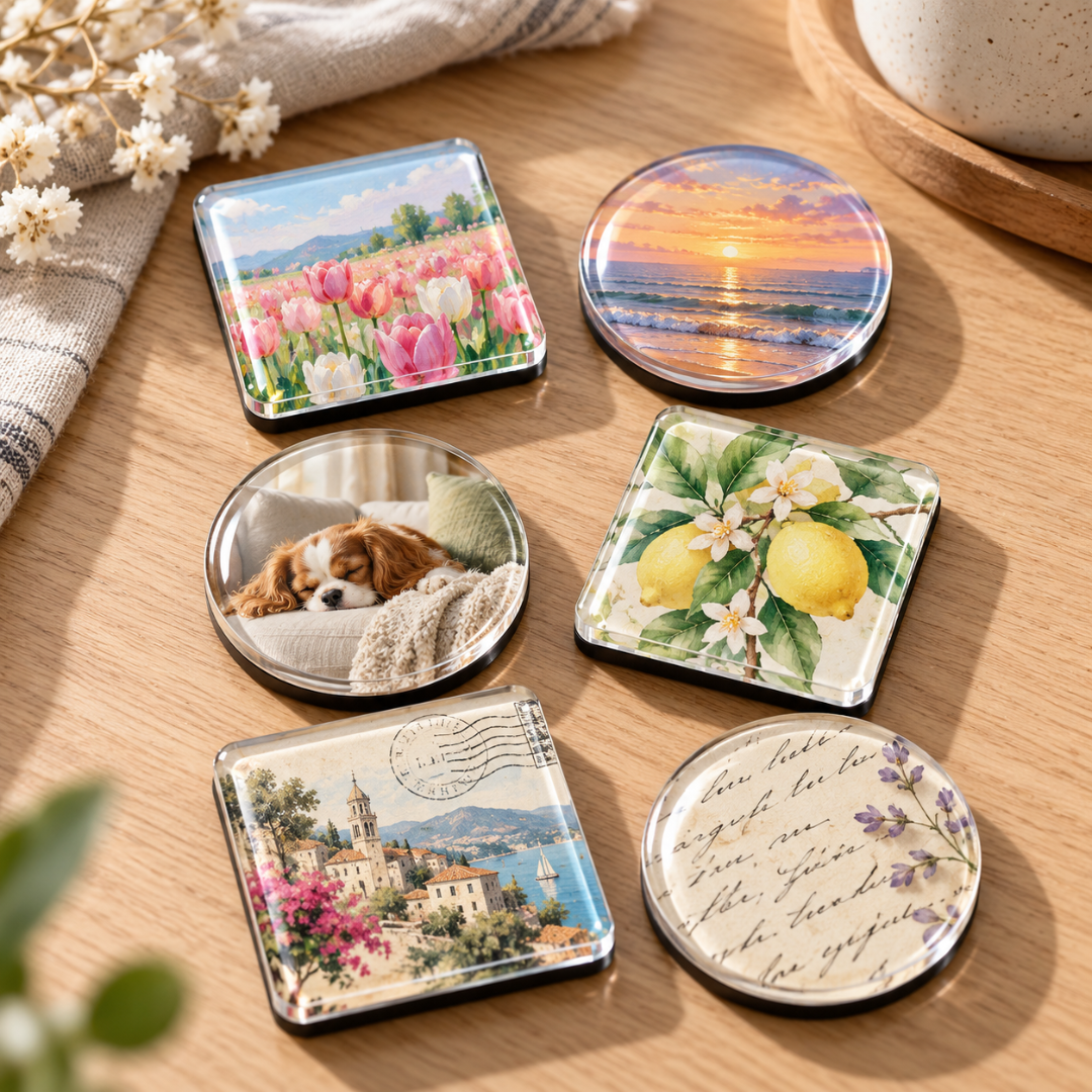 Sechs eckige und runde Acrylmagnete mit Tulpen-, Sonnenuntergangs-, Hunde-, Zitronen- und Urlaubsmotiven auf Holztisch 4