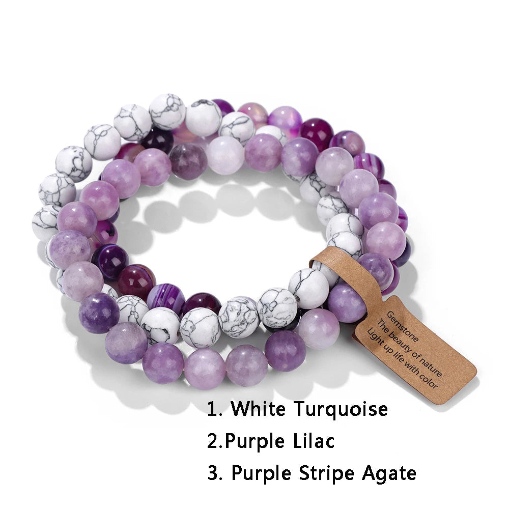Armband aus weißem Türkis, lila Achat und lila Streifenachat, Edelstein-Schmuck, Damenaccessoire.
