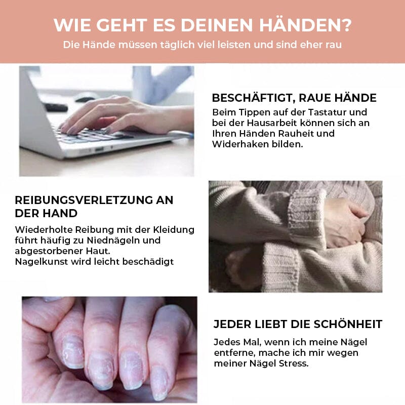 Collage zu beanspruchten Händen: Tippen am Laptop, Reibung durch Kleidung und brüchige, beschädigte Nägel 6