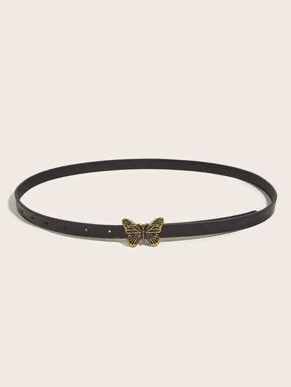 Schwarzer Ledergürtel mit goldener Schmetterlingsschnalle, modisches Accessoire für Damen.