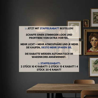 Wandleuchte vor dunkler Wand mit Bilderrahmen, überlagert von einer Grafik zum Staffelrabatt beim Mehrfachkauf 2