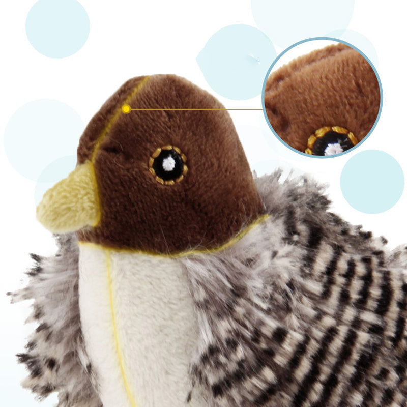 Brauner Plüschvogel mit gelbem Schnabel und gestreiftem Gefieder, Detailansicht des Auges.